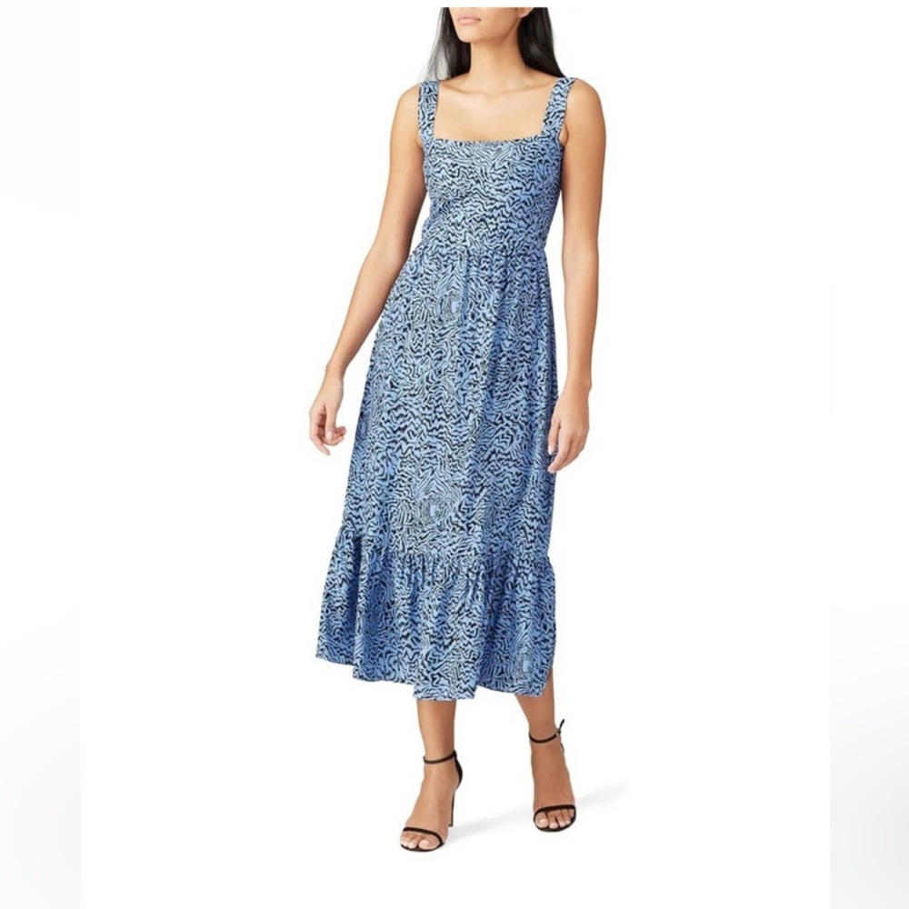 HVN Olympia Sleeveless Gown Blue Tiger Midi Silk Dress size 12